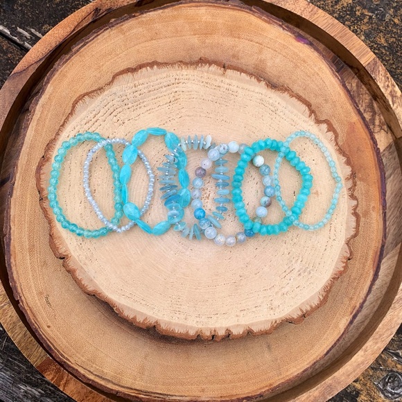 Natural Blue Aquamarine, Azure Amazonite & Agate Gemstone Beads Bracelet Stack - Picture 6 of 12